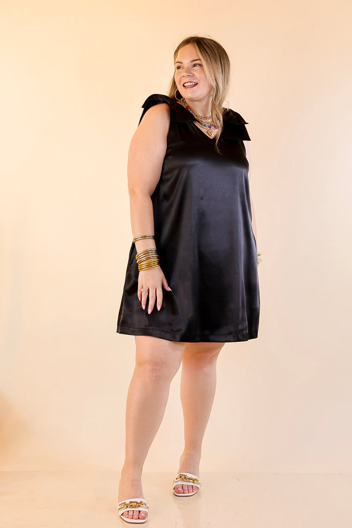Satin Soirée V Neck Mini Dress with Bow Strap Detailing in Black