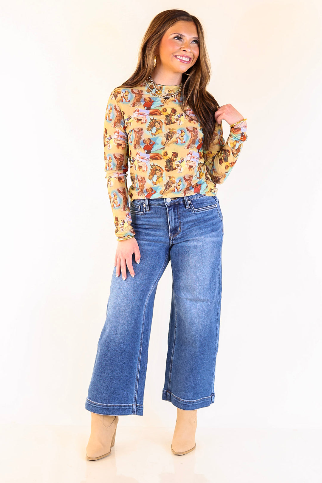 Western Dream Mesh Long Sleeve Top in Vintage Cowgirl Print