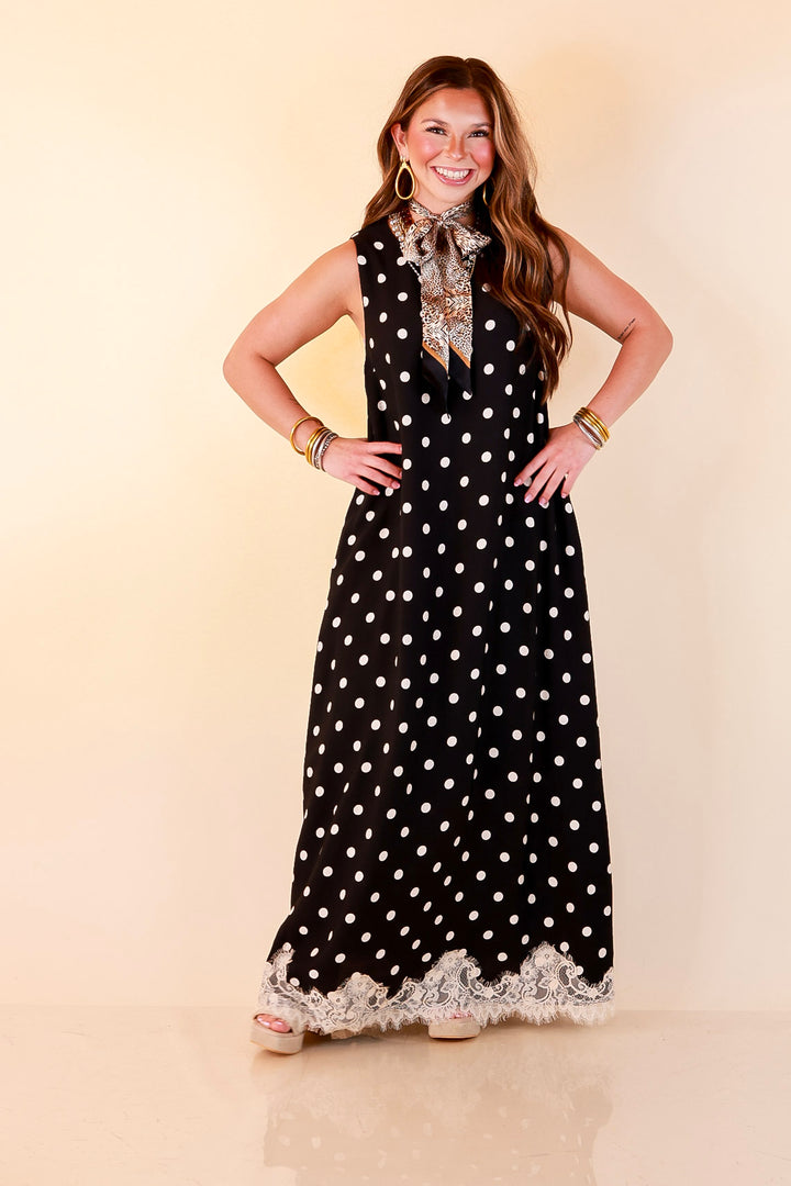 Sweet Little Something Polka Dot Sleeveless Maxi Dress with Lace Trim in Black