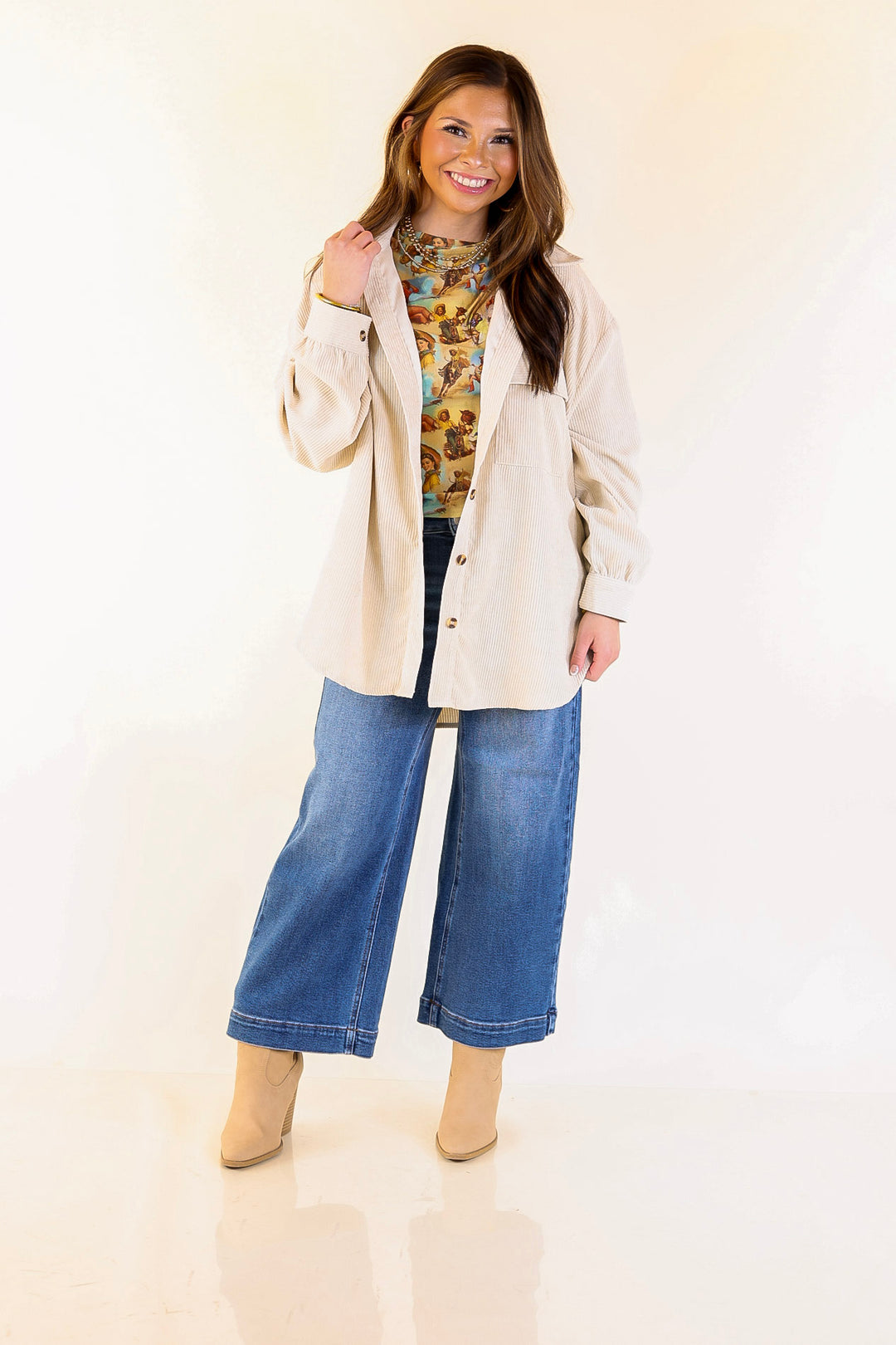 Latte Sips Button Up Corduroy Shacket in Cream