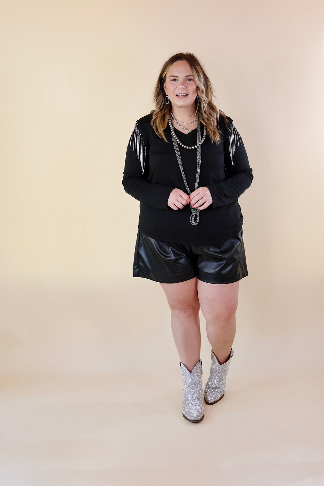 Party Dreams Long Sleeve V Neck Top with Crystal Fringe Shoulders in Black - Giddy Up Glamour Boutique