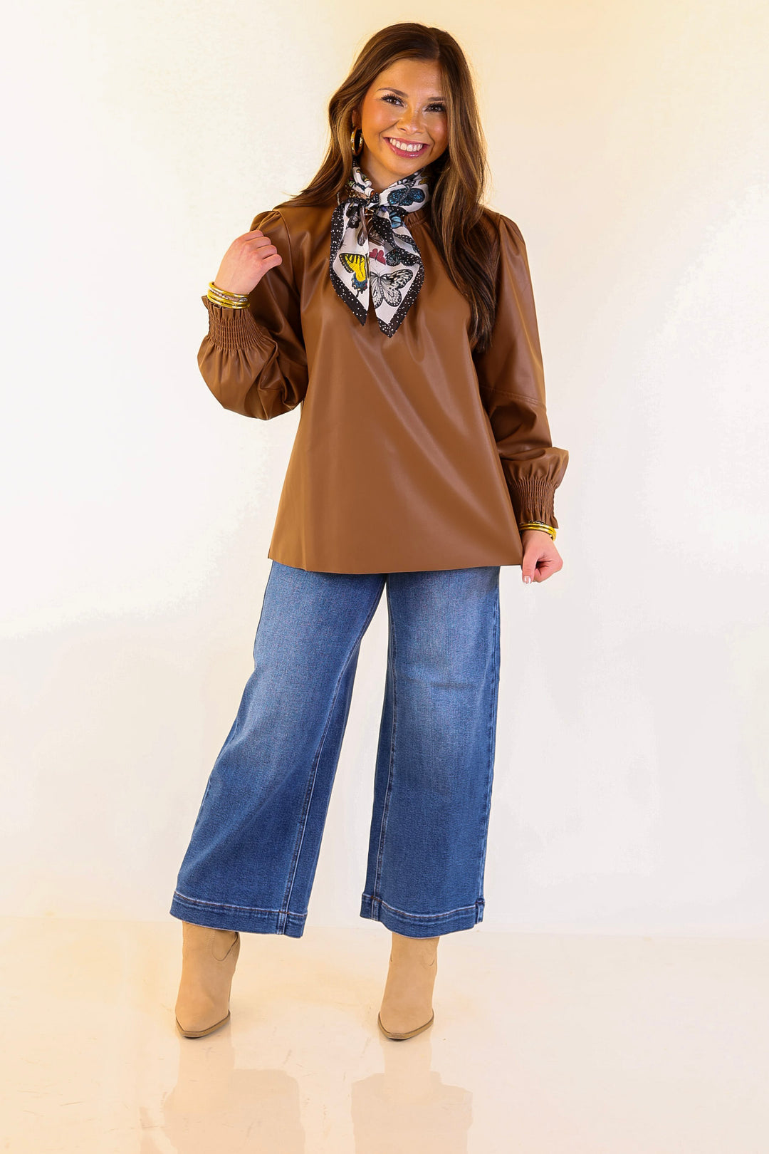 Mud Pie | Putnam Faux Leather Long Sleeve Top with Smocked Cuffs in Tan Brown