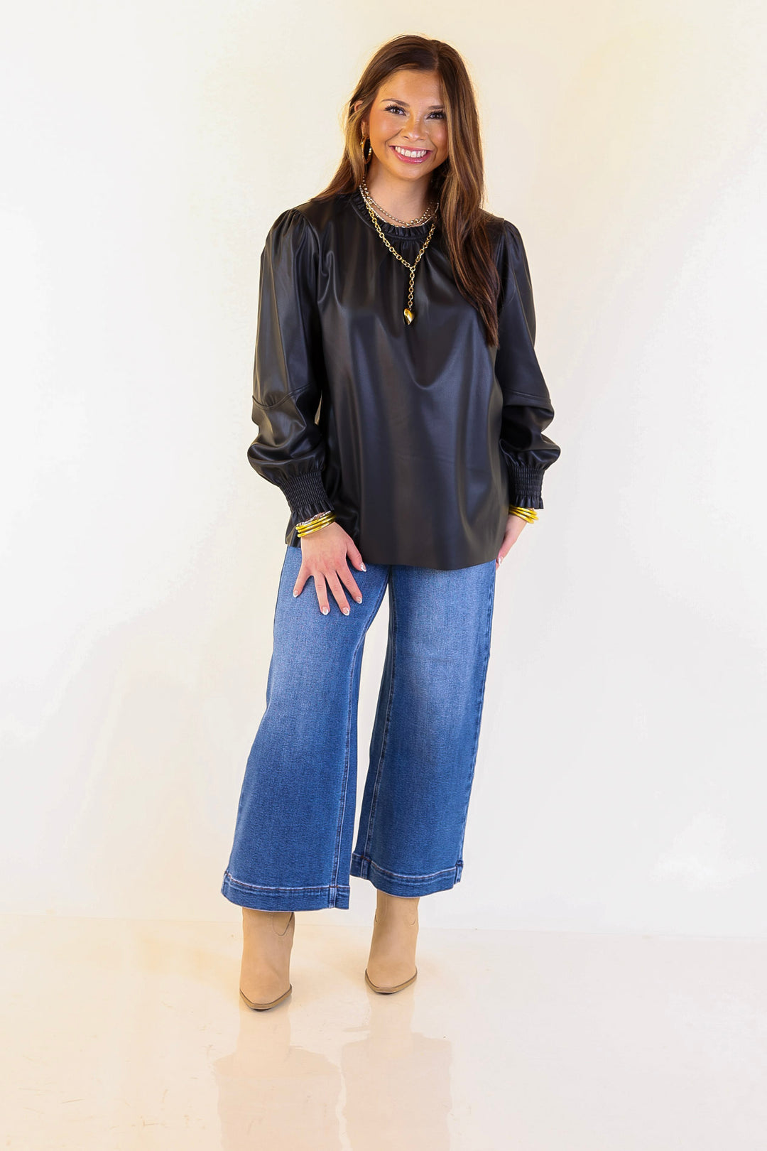 Mud Pie | Putnam Faux Leather Long Sleeve Top with Smocked Cuffs in Black