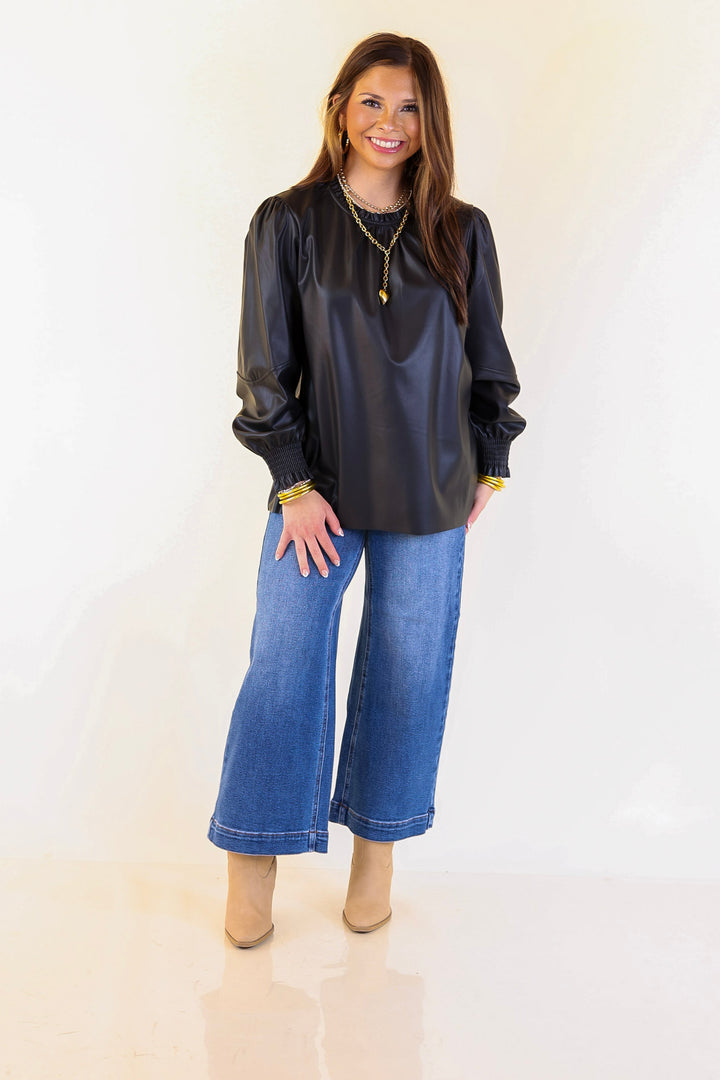 Mud Pie | Putnam Faux Leather Long Sleeve Top with Smocked Cuffs in Black