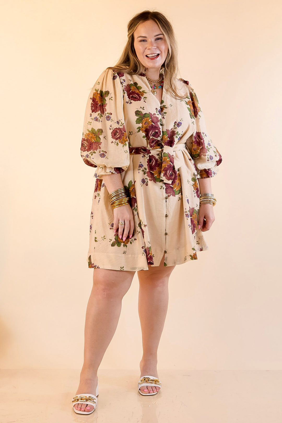 Garden Stroll Floral Dress with A-Line Skirt and and Belt in Vanilla Cream