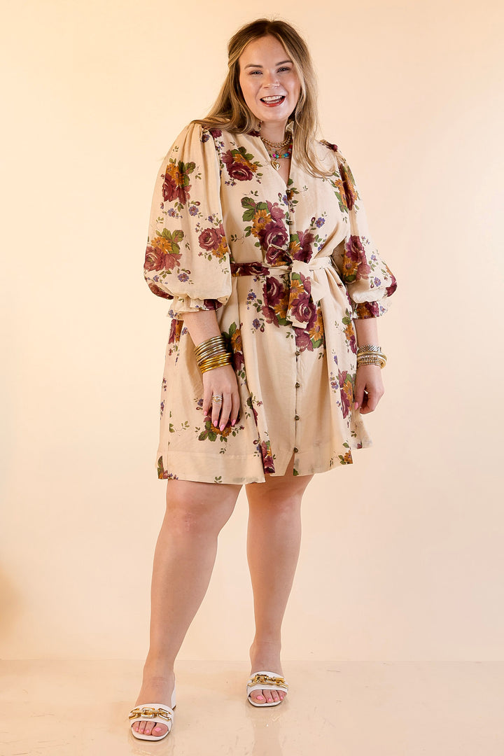 Garden Stroll Floral Dress with A-Line Skirt and and Belt in Vanilla Cream