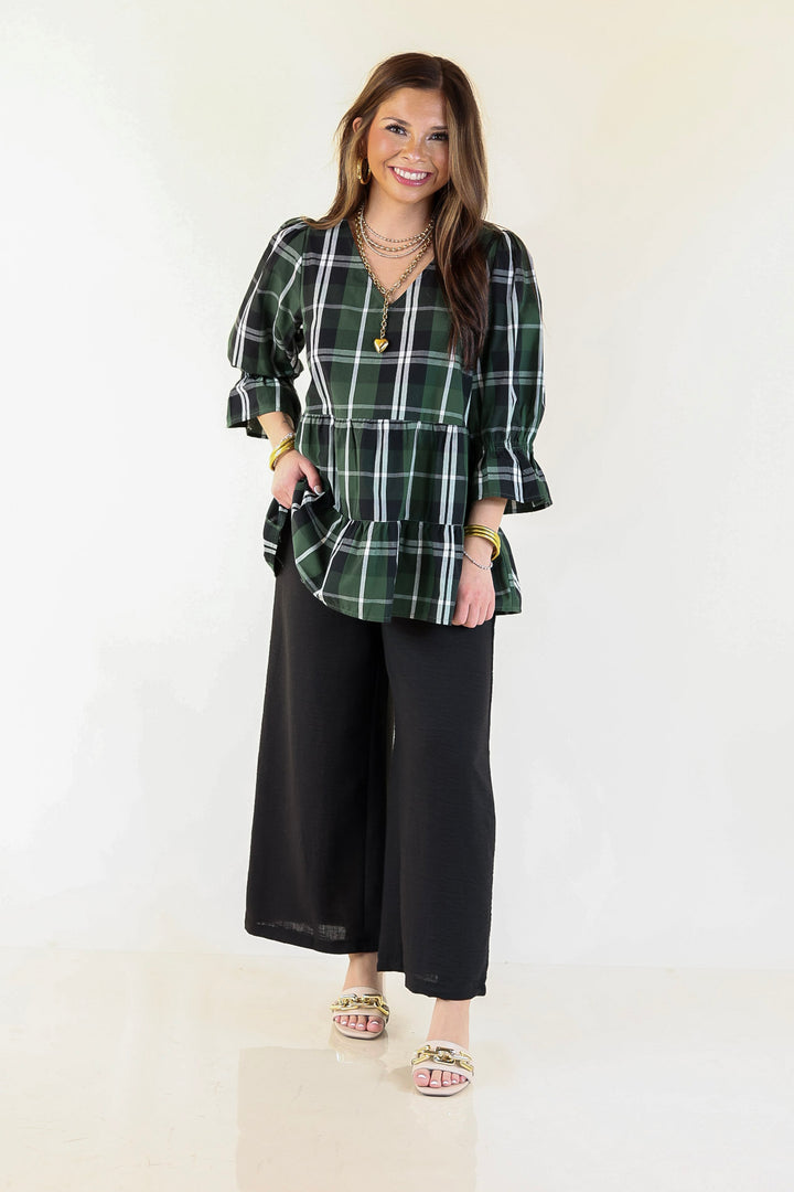 Mud Pie | Ashford Plaid Babydoll Top with Ruffle Hem and 3/4 Balloon Sleeves in Green