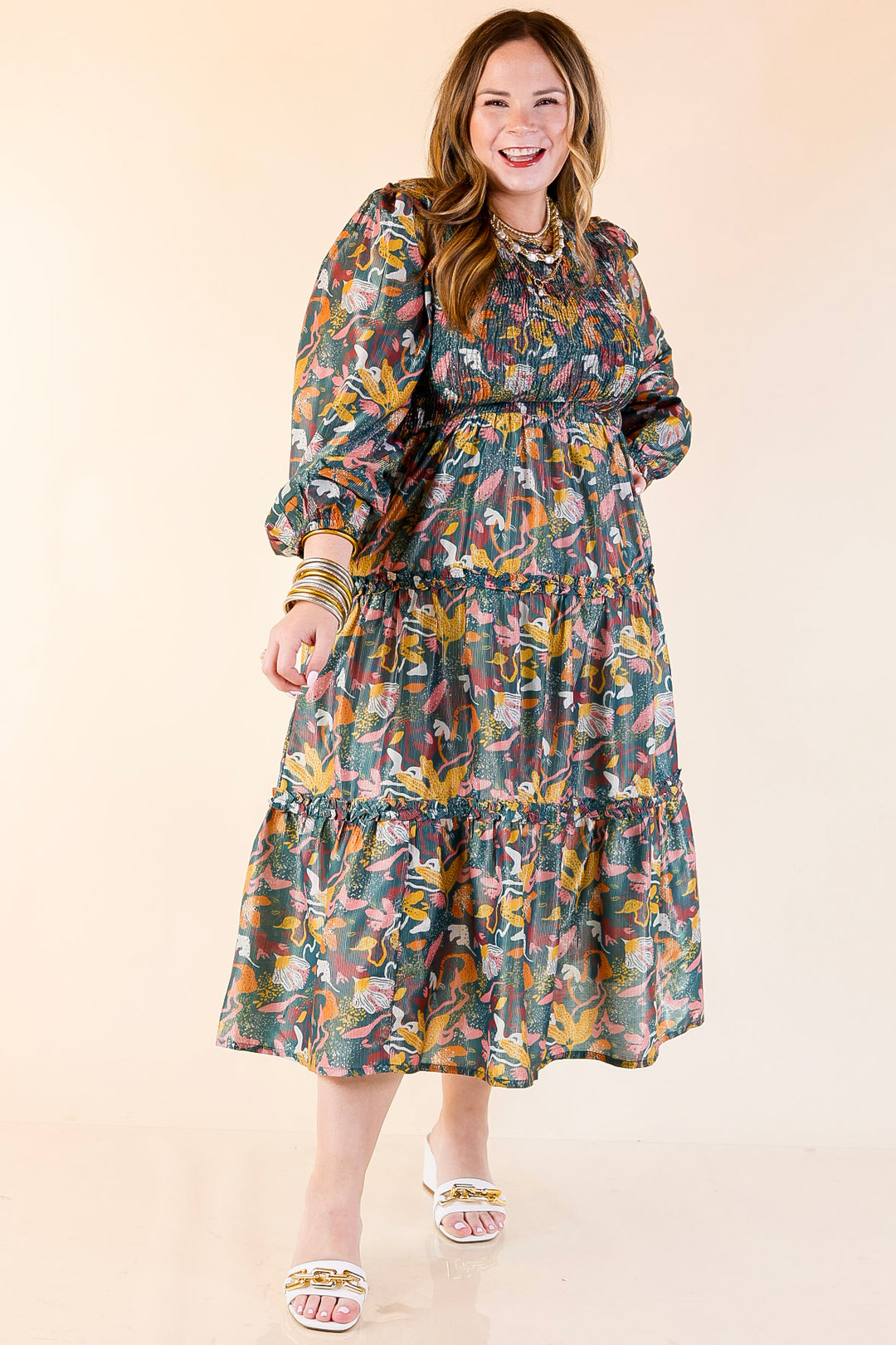 Mud Pie | Shaffer Smocked Bodice Long Sleeve Midi Dress with Tiered Skirt in Blue Mix