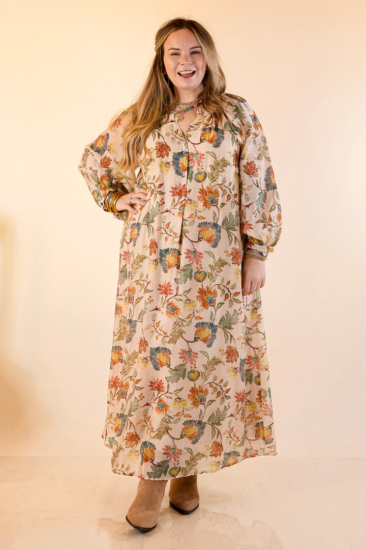 Charming Impression Floral Print Maxi Dress with Long Sleeves in Cream, Olive, Teal and Rust