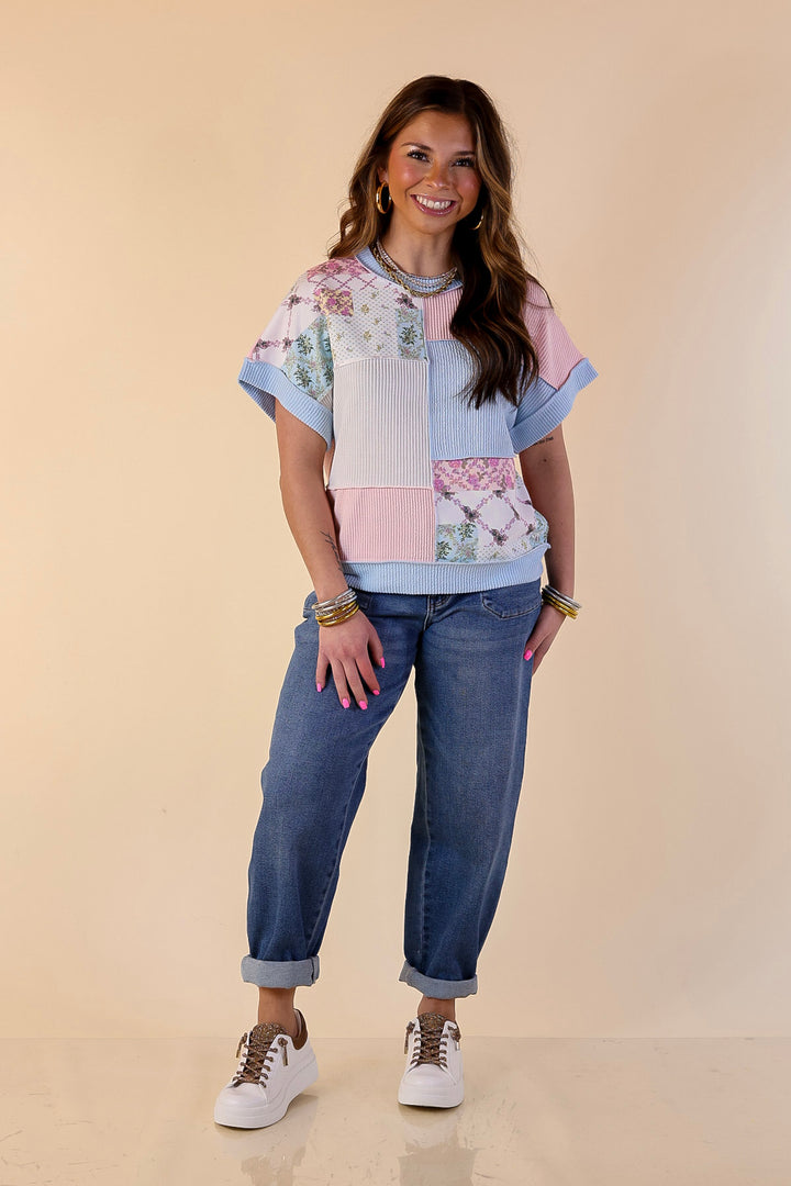 Simply Southern | Styled to a Tee Color Block Patchwork Ribbed Short Sleeve Top in Blue Mix