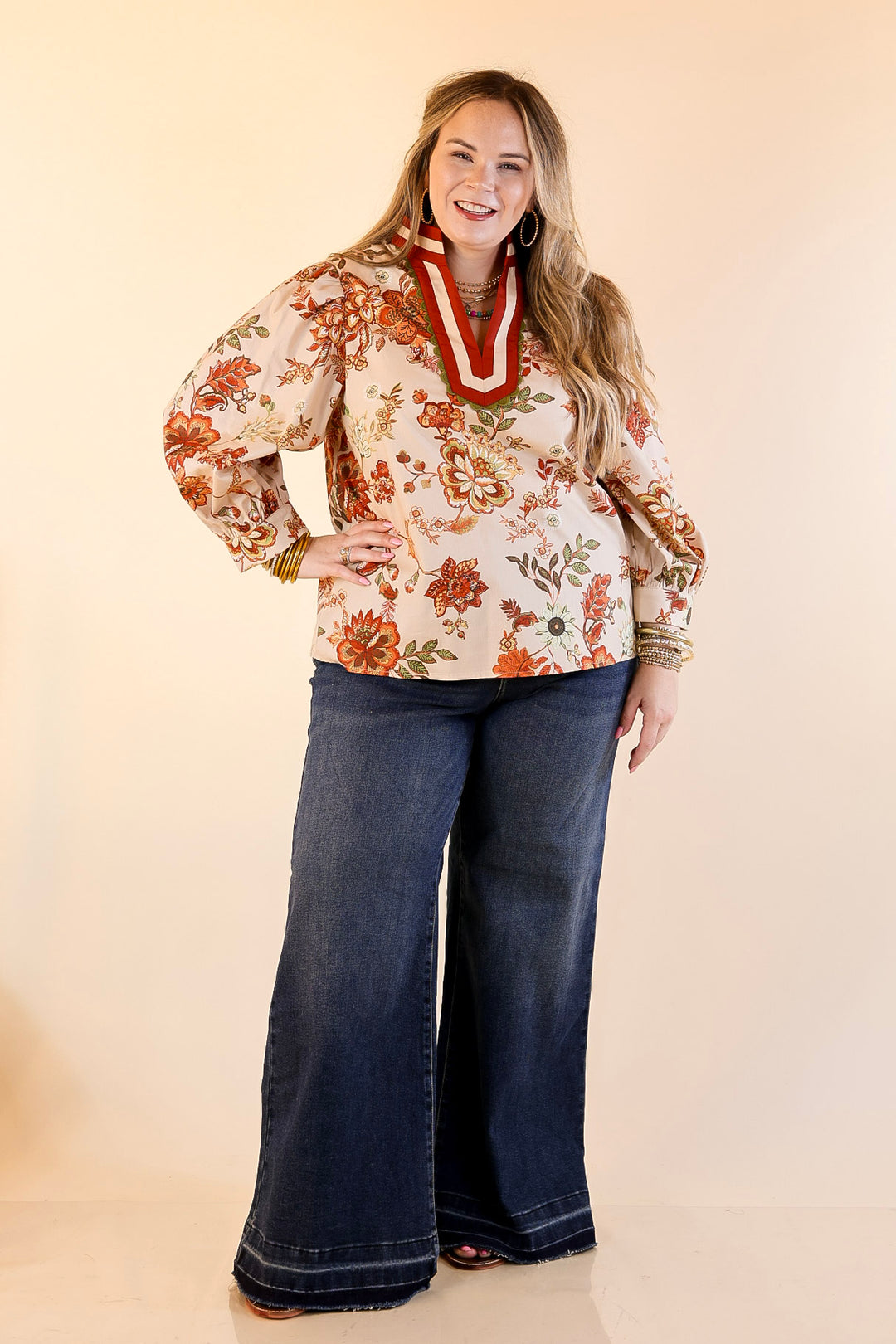 Autumn Allure Floral Long Sleeve Top with Contrast Trim in Rust Orange