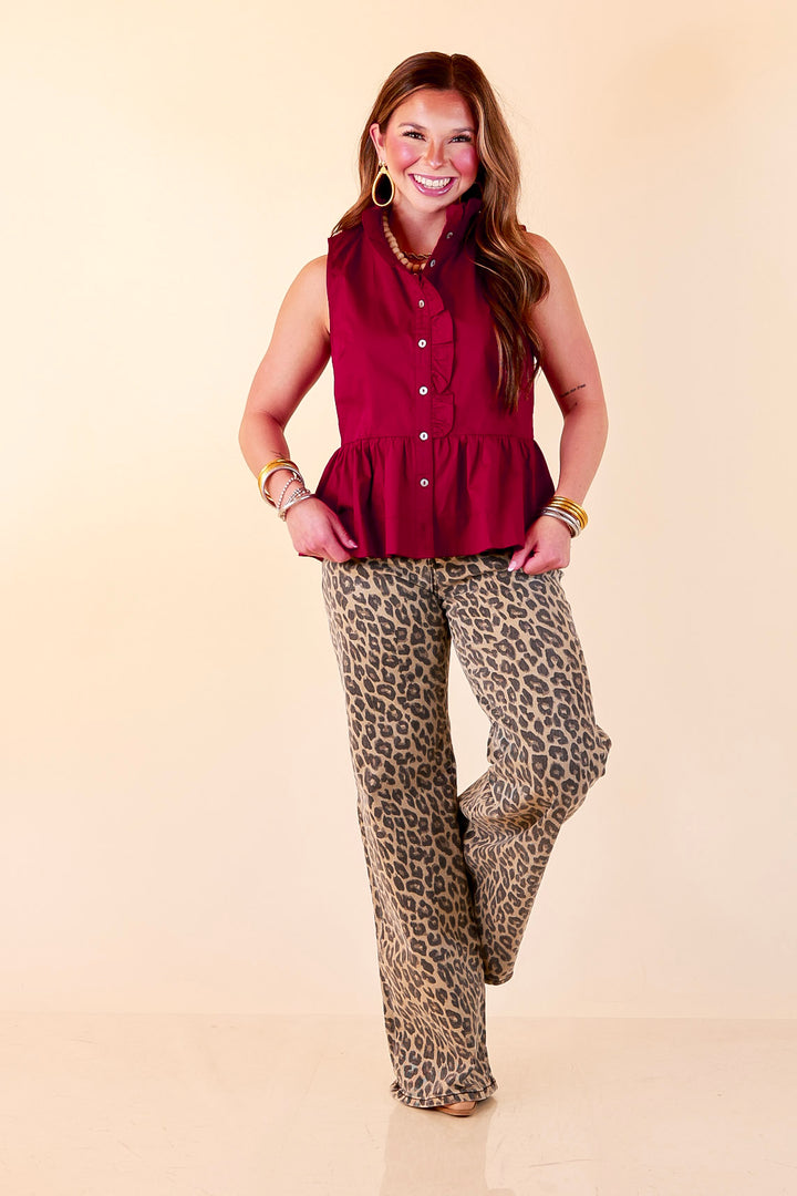 Poised &amp; Polished Sleeveless Ruffle Neck Button Front Peplum Top in Maroon