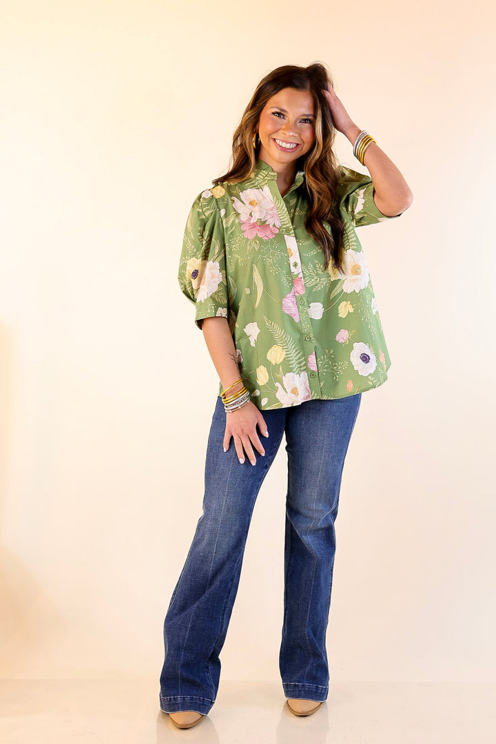 First Glance Button Up Puff Sleeve Floral Print Top in Olive Green