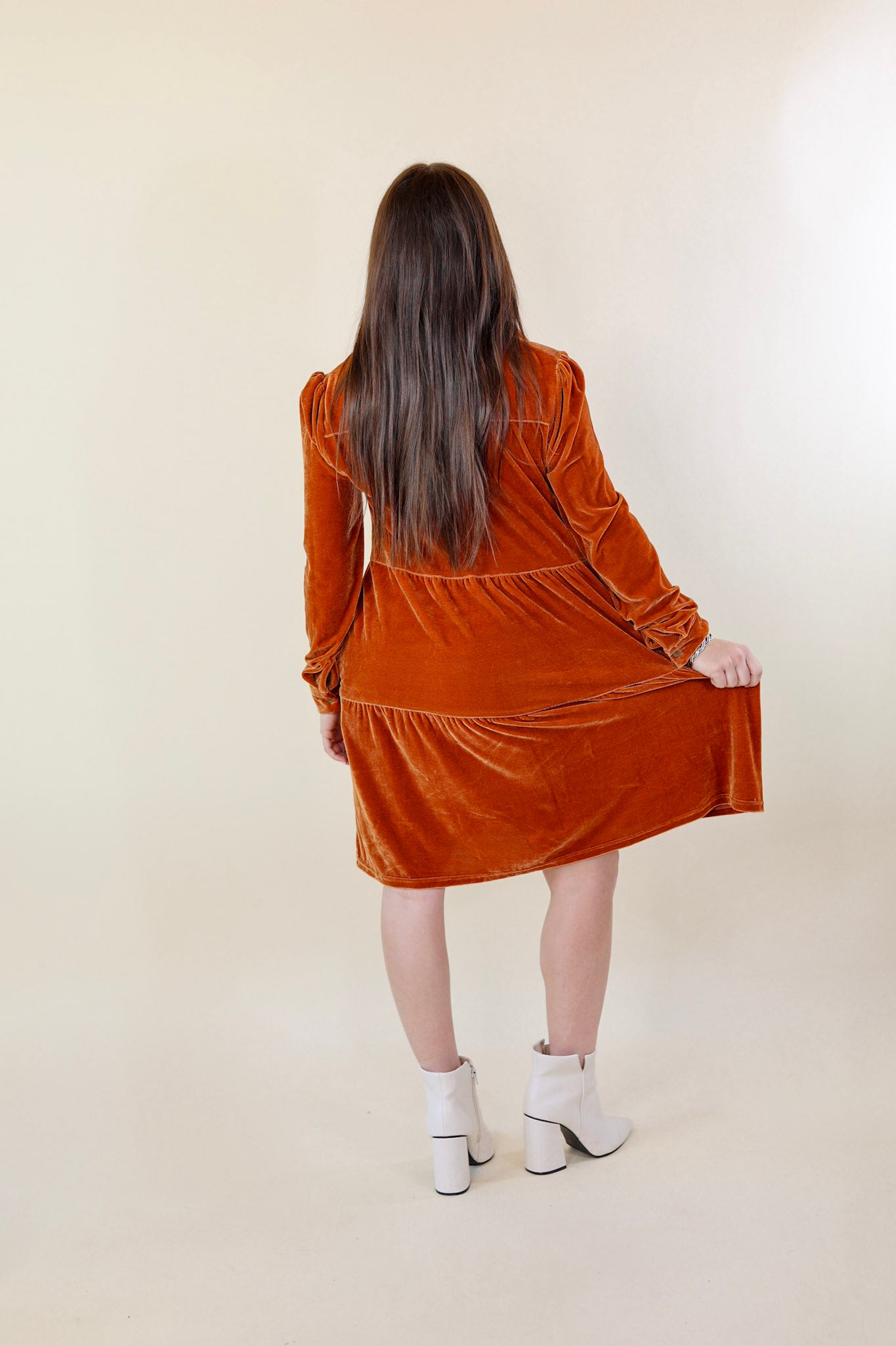Grateful Gathering Velvet Button Up Dress with Long Sleeves in Burnt Orange - Giddy Up Glamour Boutique
