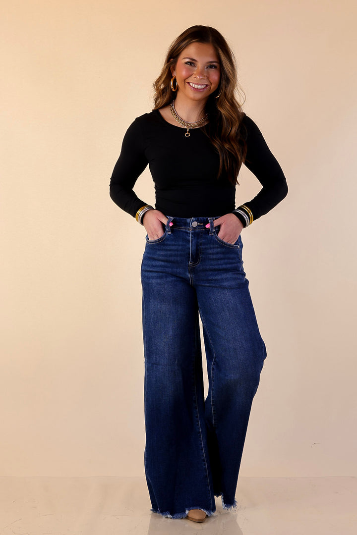 Risen | Holding Steady Wide Leg Raw Hem Jeans in Dark Wash