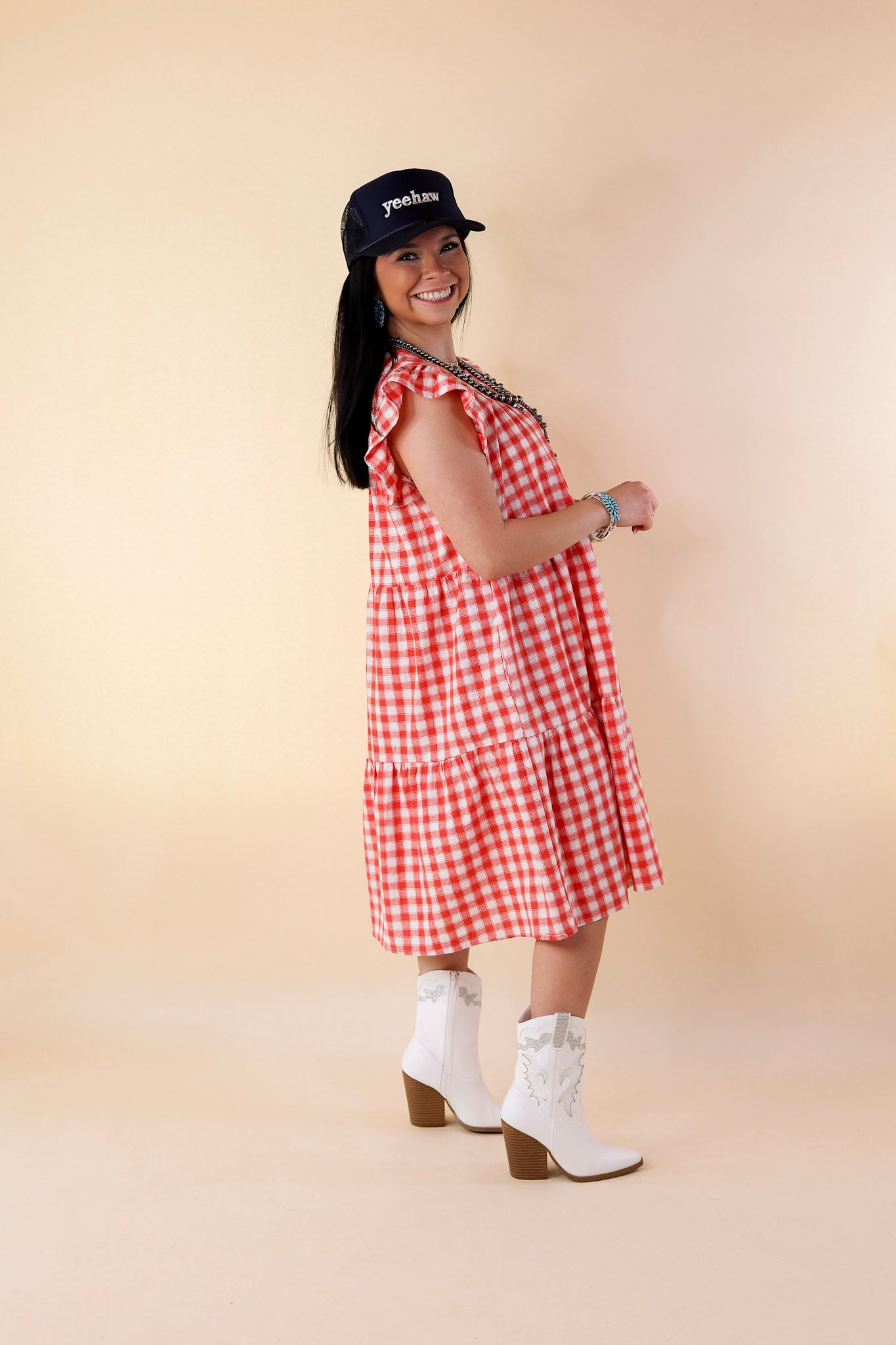 Sunny Pier Gingham Dress with Ruffle Cap Sleeves in Coral Red and White - Giddy Up Glamour Boutique