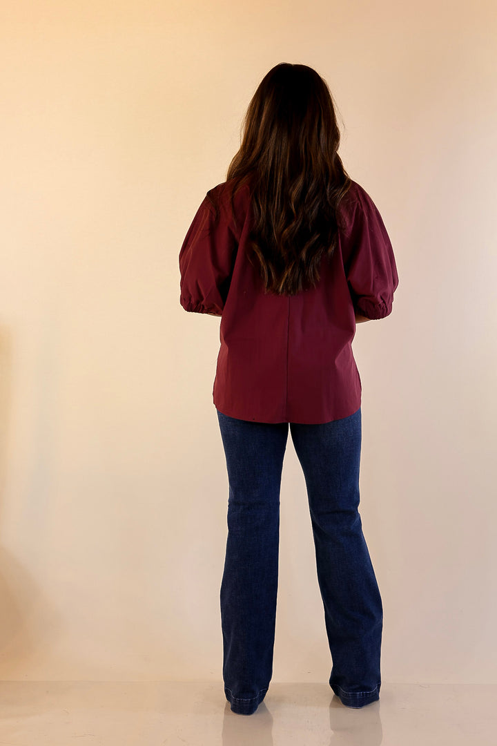 Elevated Basic V-Neck Blouse With Drop Shoulder in Maroon