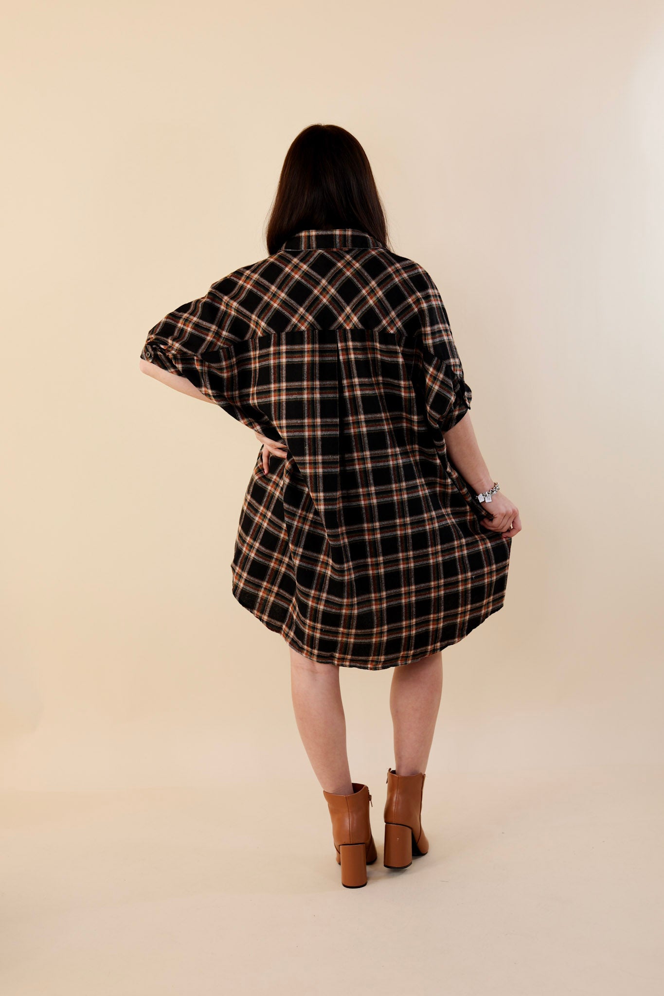 Cozy And Kind Button Up Plaid Dress in Black - Giddy Up Glamour Boutique
