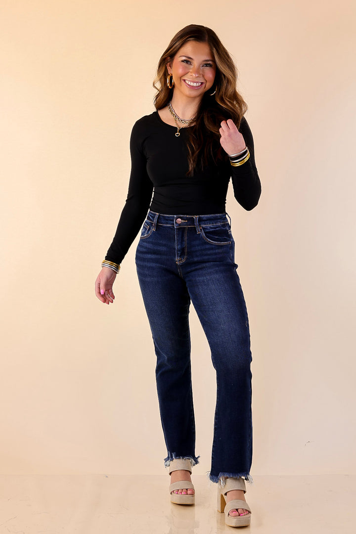 Risen | Effortless Essential Ankle Length Crop Destroyed Hem Straight Slim Jean in Dark Wash