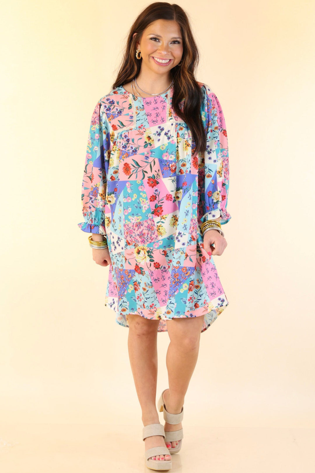 Floral Paradise Floral Patch Pattern Dress in Blue and Pink