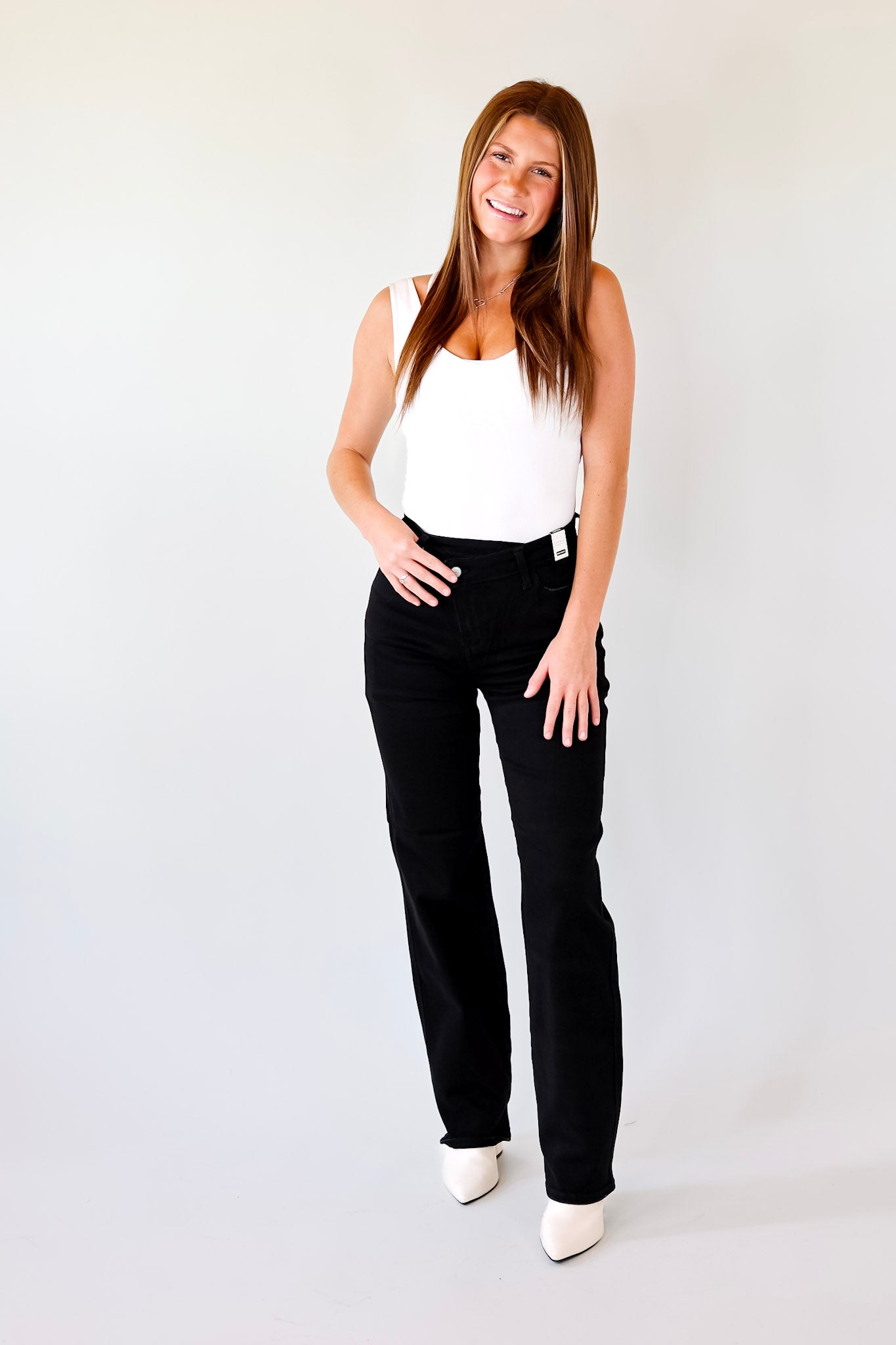 Judy Blue | Here Forward Criss-Cross Waistband Straight Leg Jeans in Black - Giddy Up Glamour Boutique