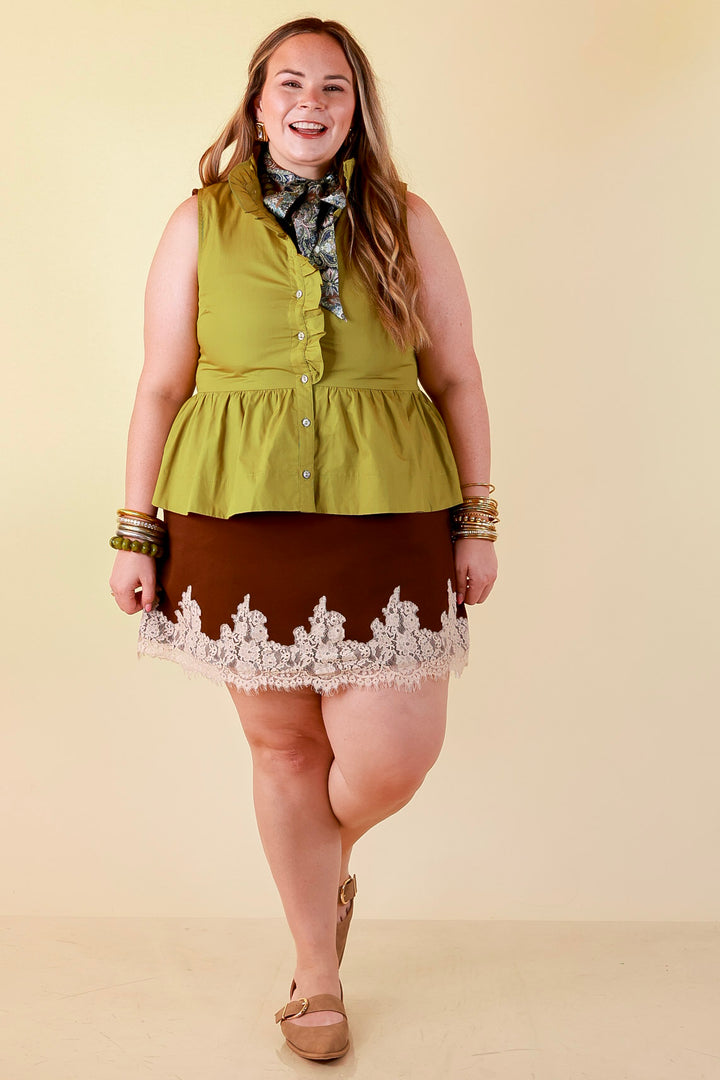 Poised &amp; Polished Sleeveless Ruffle Neck Button Front Peplum Top in Chartreuse Olive Green