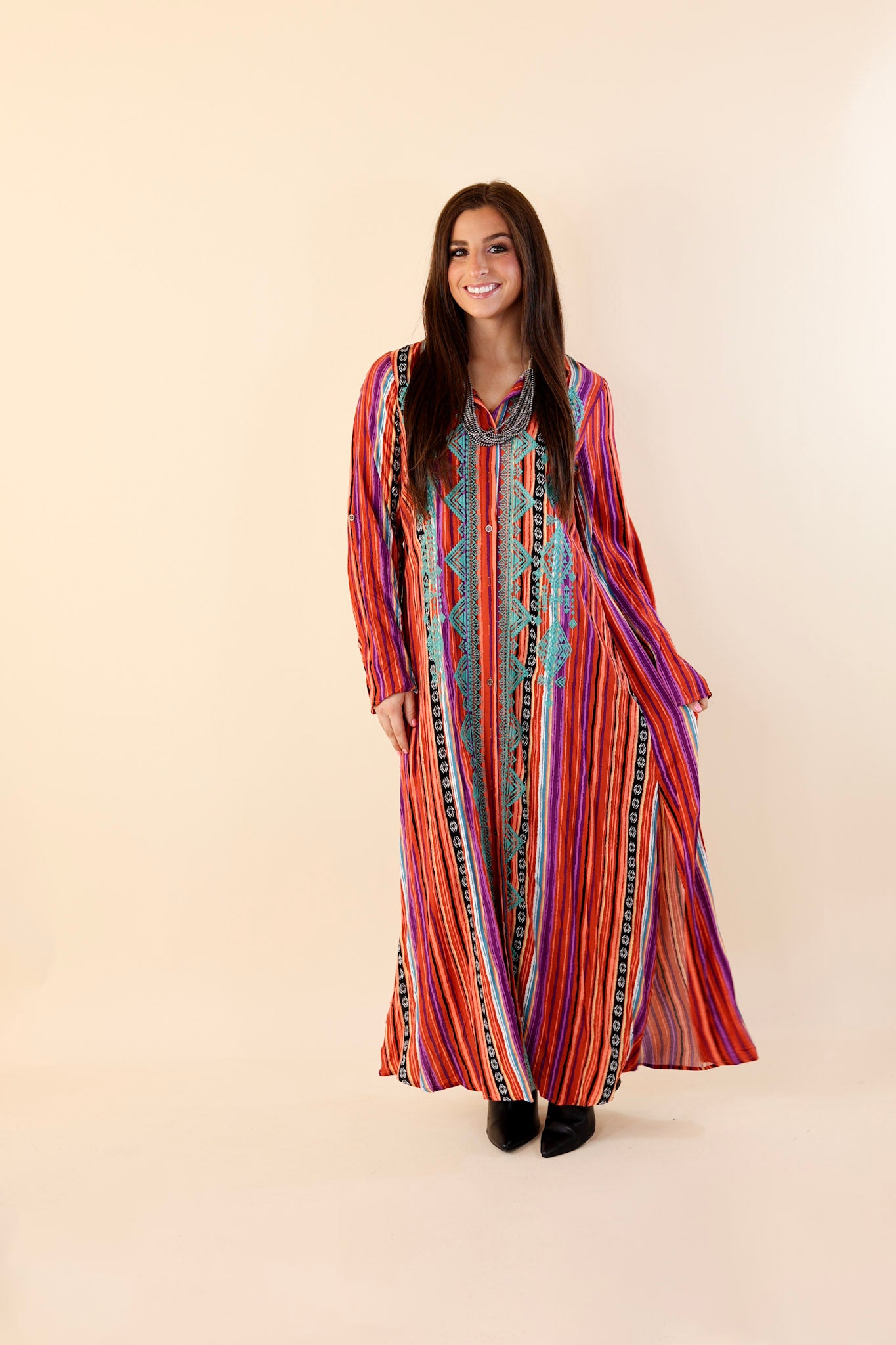 I'm All That Long Serape Button Up Dress with Aztec Print Embroidery - Giddy Up Glamour Boutique