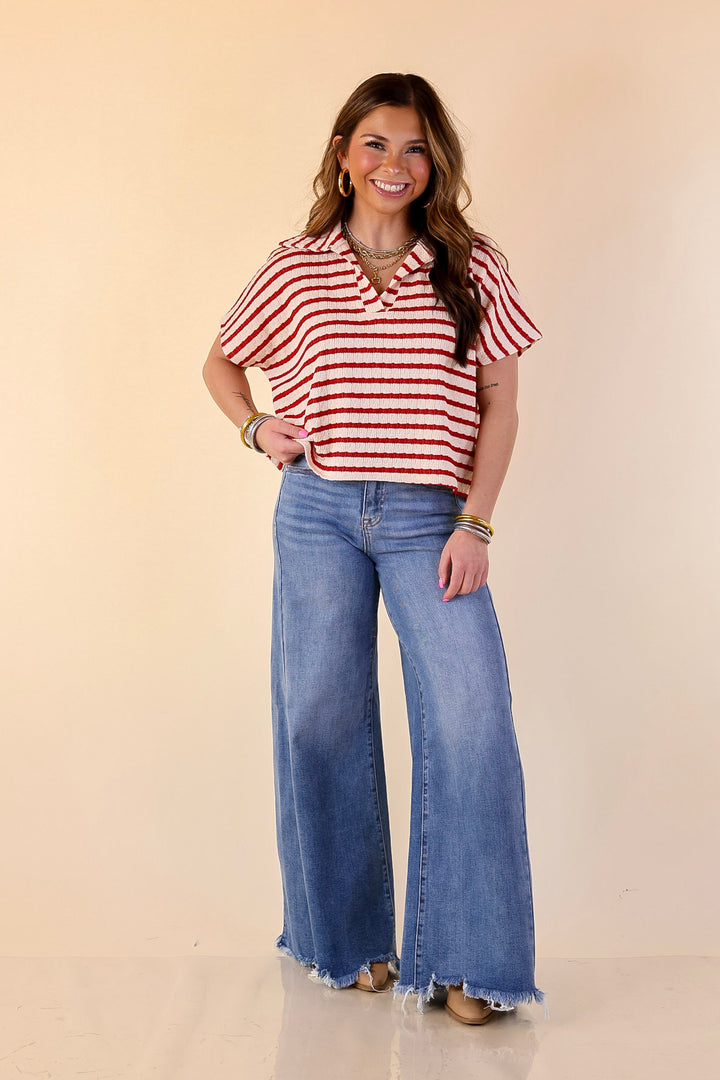 Simply Said Striped Drop Shoulder Collared Cropped Top in Ivory with Red Stripes