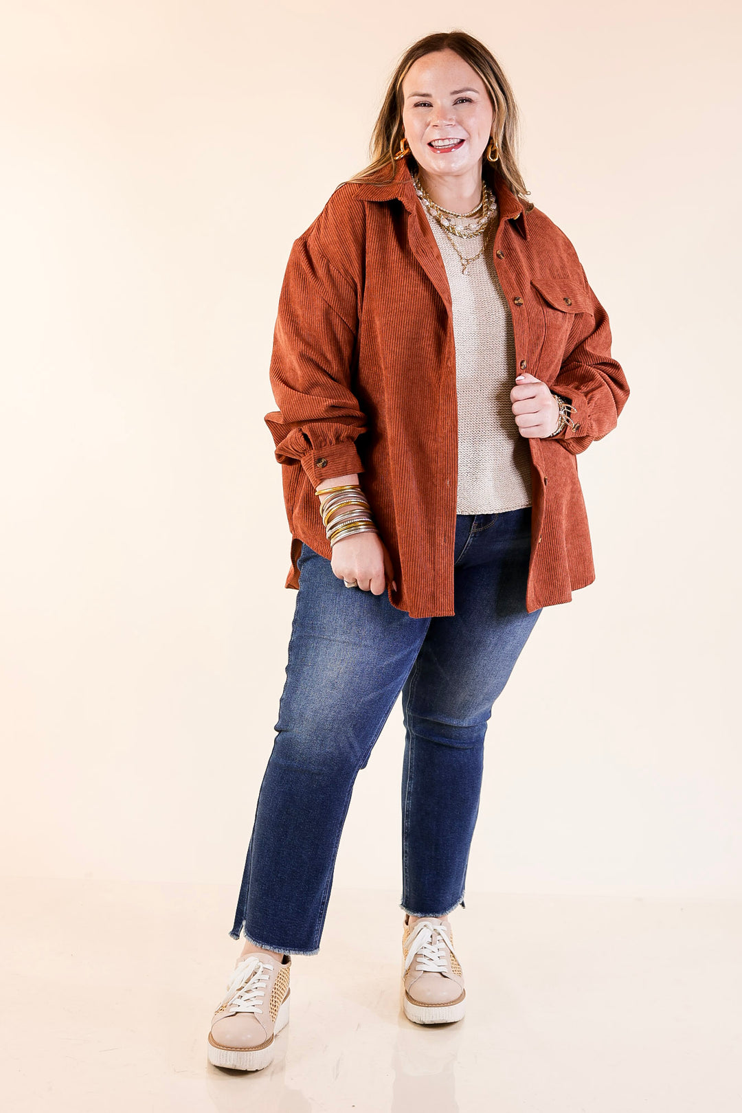 Latte Sips Button Up Corduroy Shacket in Rust