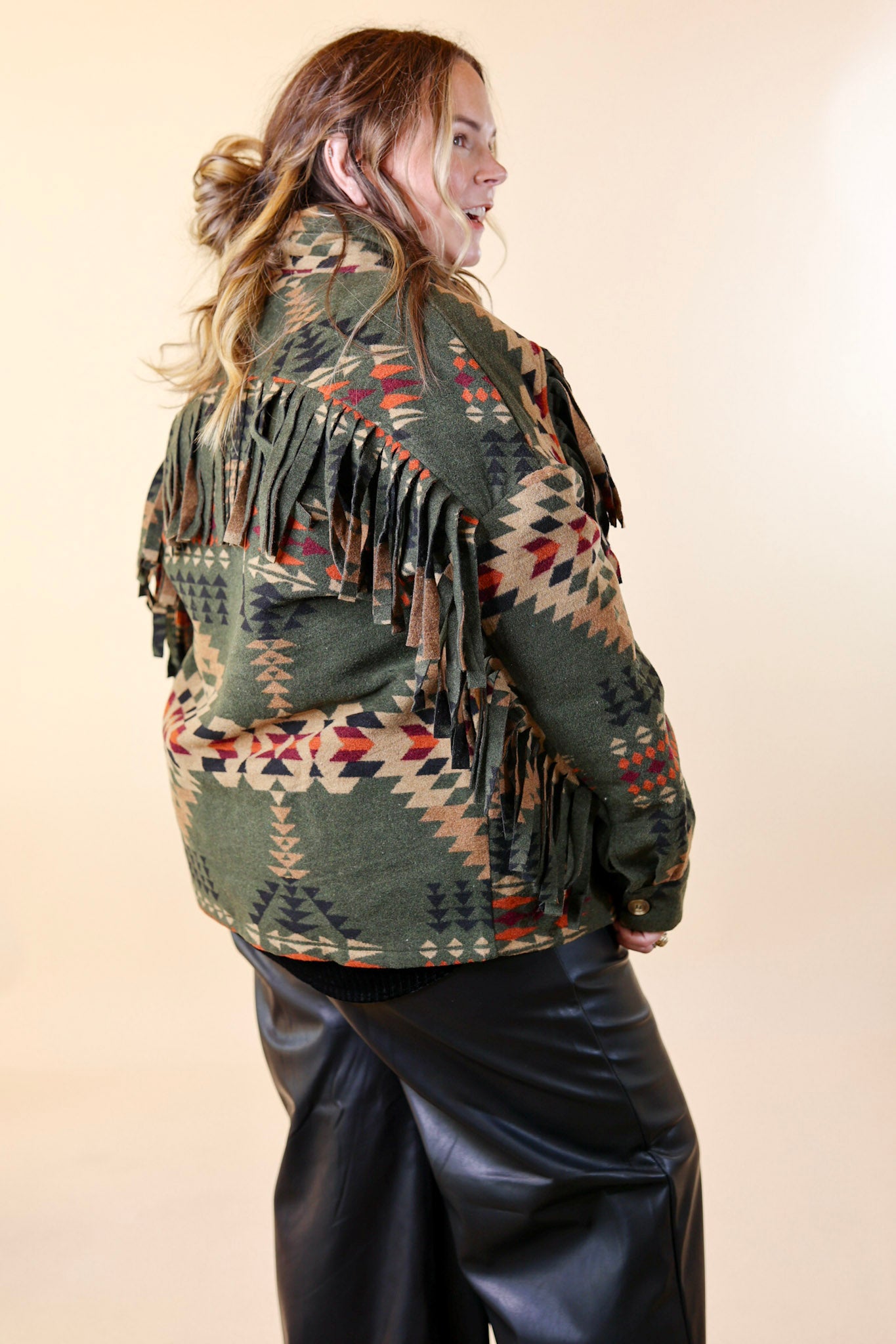 Take Over Aztec Print Button Up Jacket with Fringe in Olive Green - Giddy Up Glamour Boutique