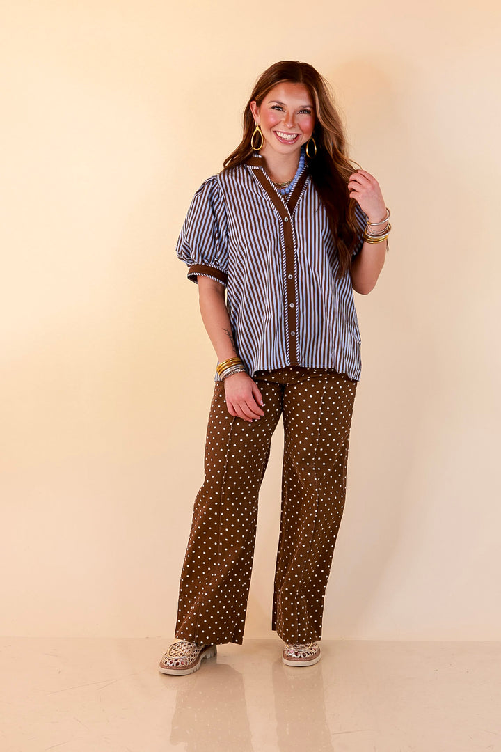 Pop of Polish Short Puff Sleeve Button Front Top with Contrast Trim in Blue and Brown