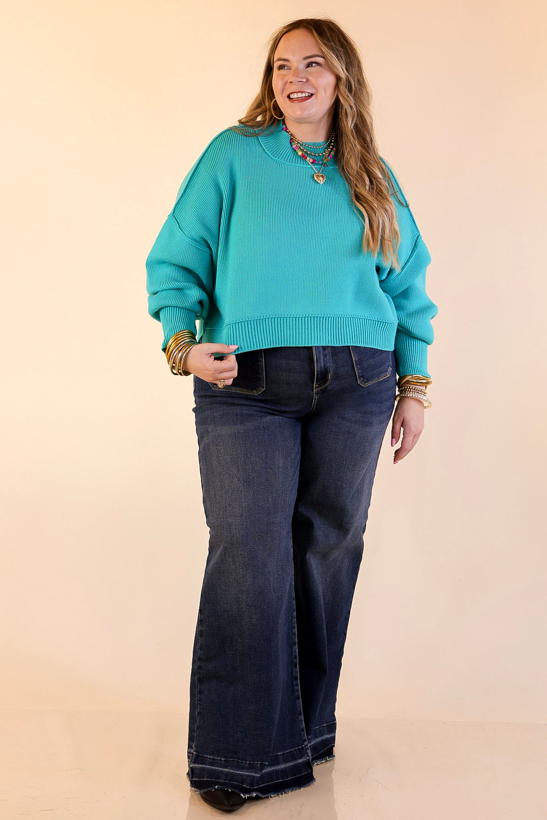 Fireside Fit Cropped Long Sleeve Mock Neck Sweater in Turquoise Blue