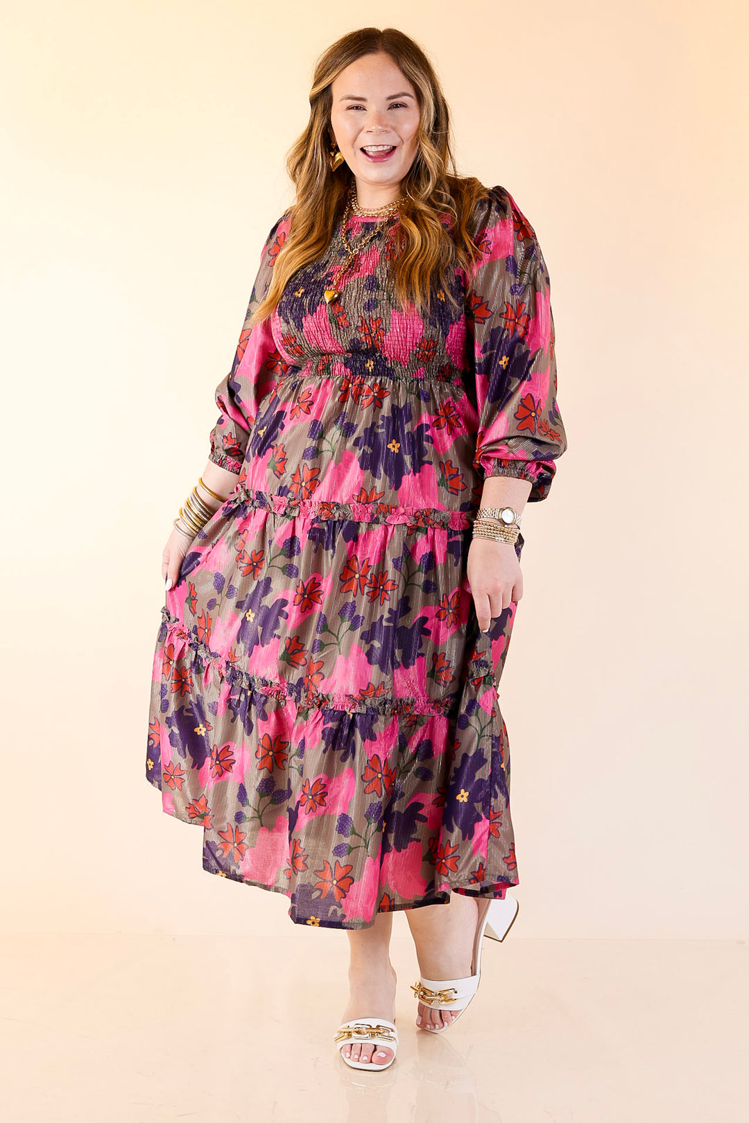 Mud Pie | Shaffer Smocked Bodice Long Sleeve Midi Dress with Tiered Skirt in Pink Mix