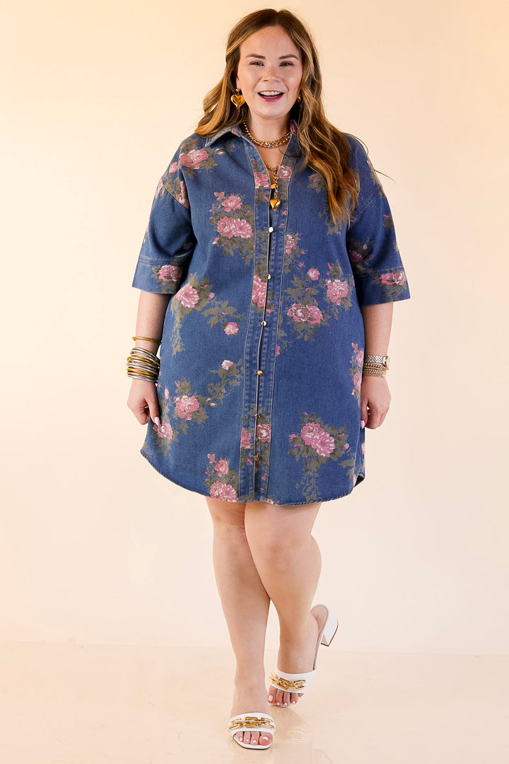 Flirting with Florals Floral Denim Shirt Dress with Gold Button Detail in Classic Blue Denim