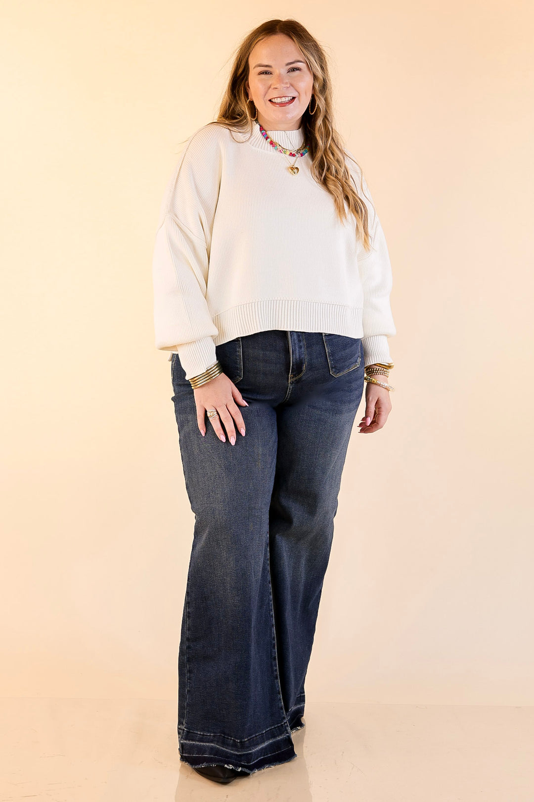 Fireside Fit Cropped Long Sleeve Mock Neck Sweater in Ivory