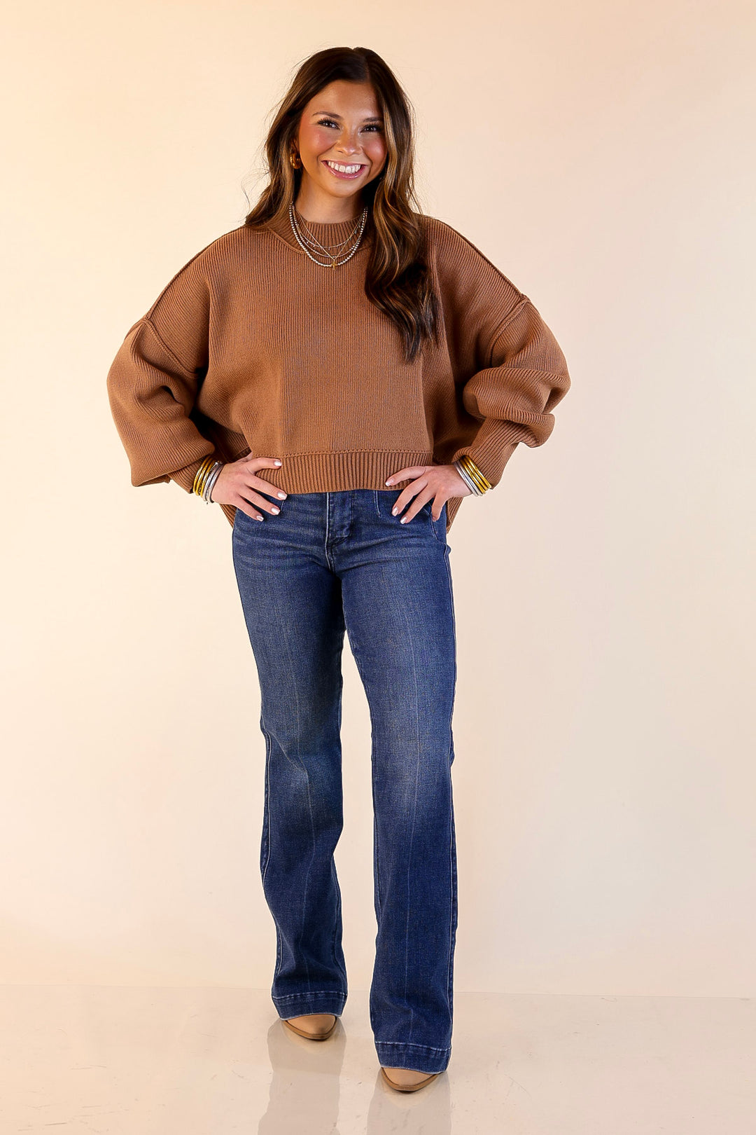 Fireside Fit Cropped Long Sleeve Mock Neck Sweater in Camel Brown