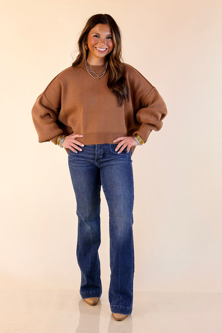 Fireside Fit Cropped Long Sleeve Mock Neck Sweater in Camel Brown