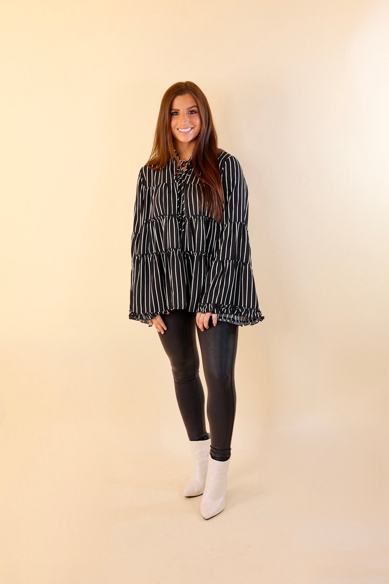 Impressive Touch Striped Bell Sleeve Tiered Blouse in Black - Giddy Up Glamour Boutique