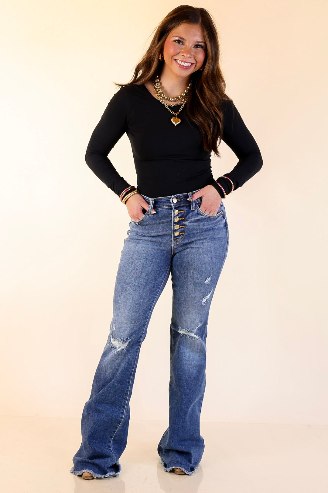 Judy Blue | The Statement Pair Button Fly Flare Jean in Medium Wash