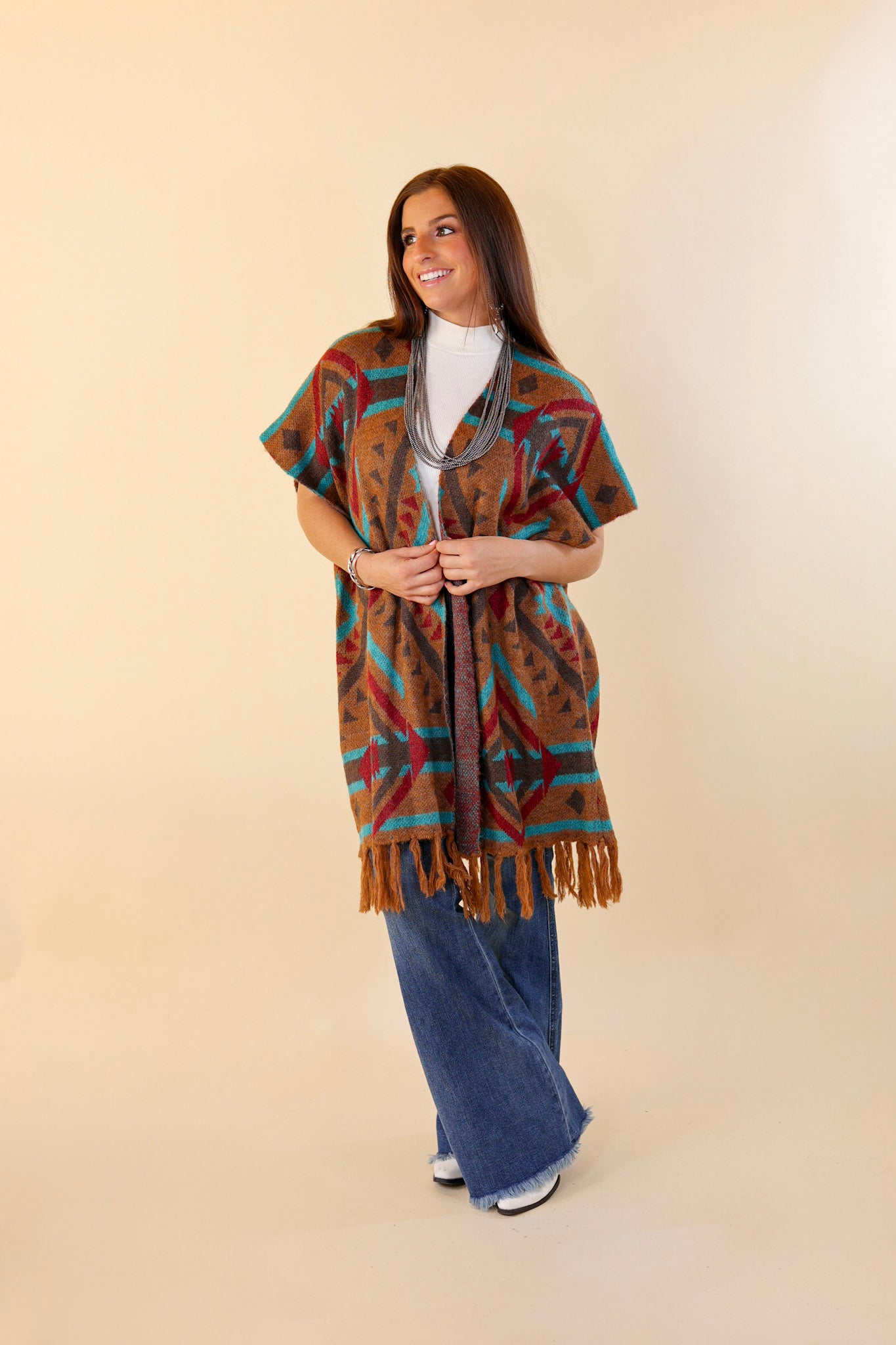 South Texas Sunset Aztec Print Wrap Poncho Vest in Turquoise and Camel - Giddy Up Glamour Boutique