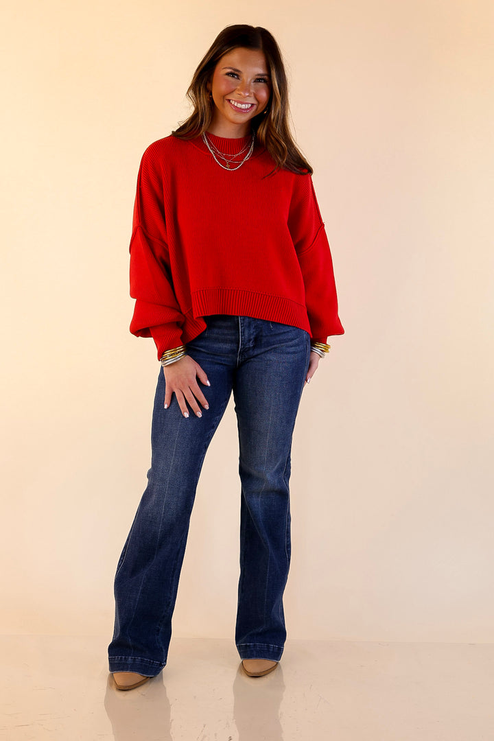 Fireside Fit Cropped Long Sleeve Mock Neck Sweater in Red