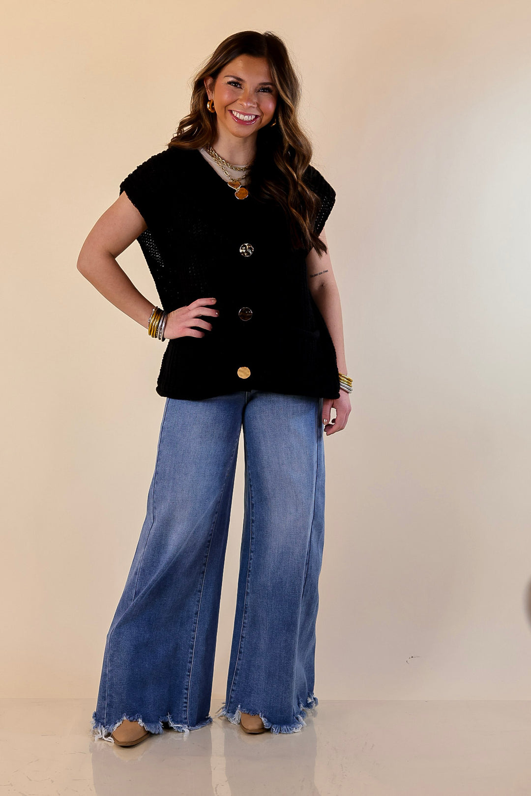Always Effortless Oversized Button Down Large Knit Sweater Vest in Black