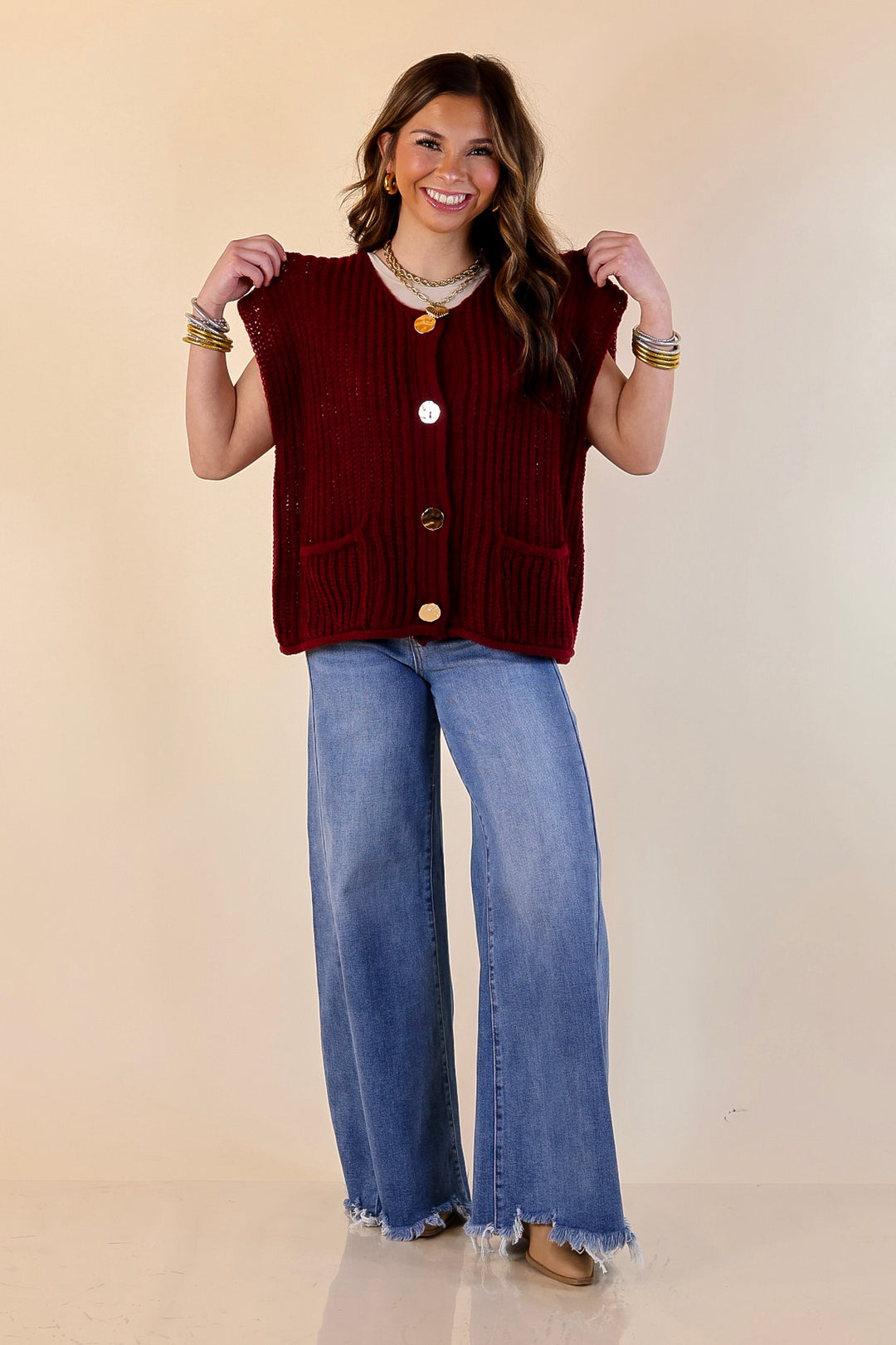 Always Effortless Oversized Button Down Large Knit Sweater Vest in Maroon