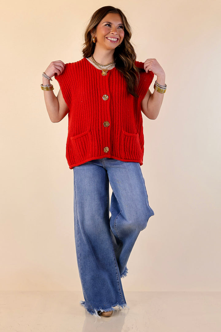 Always Effortless Oversized Button Down Large Knit Sweater Vest in Red