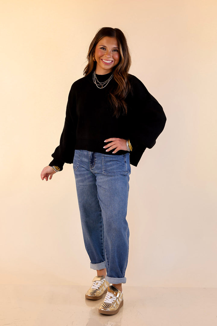 Fireside Fit Cropped Long Sleeve Mock Neck Sweater in Black