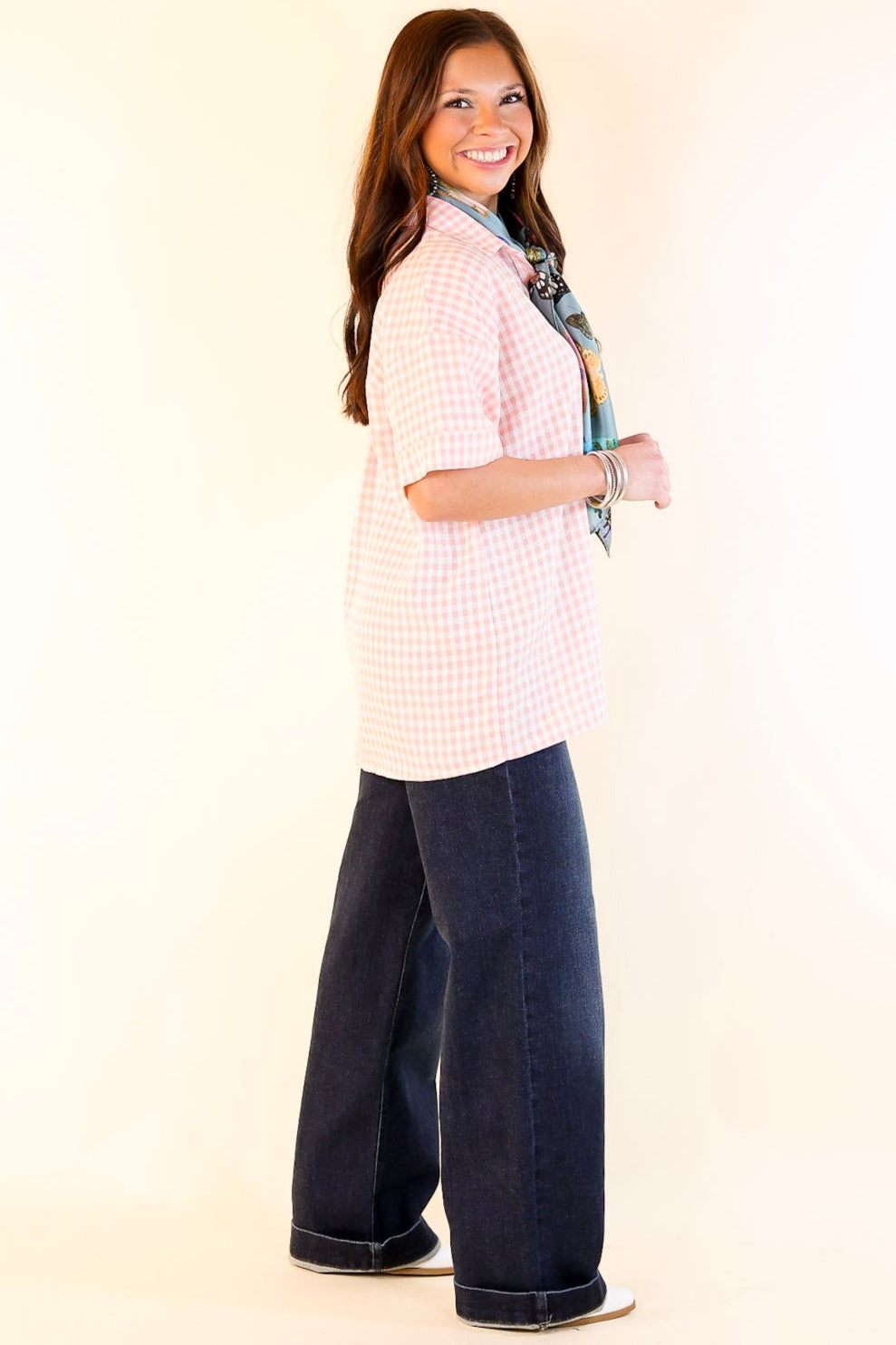 What A Rush Button Up Gingham Short Sleeve Top in Light Pink