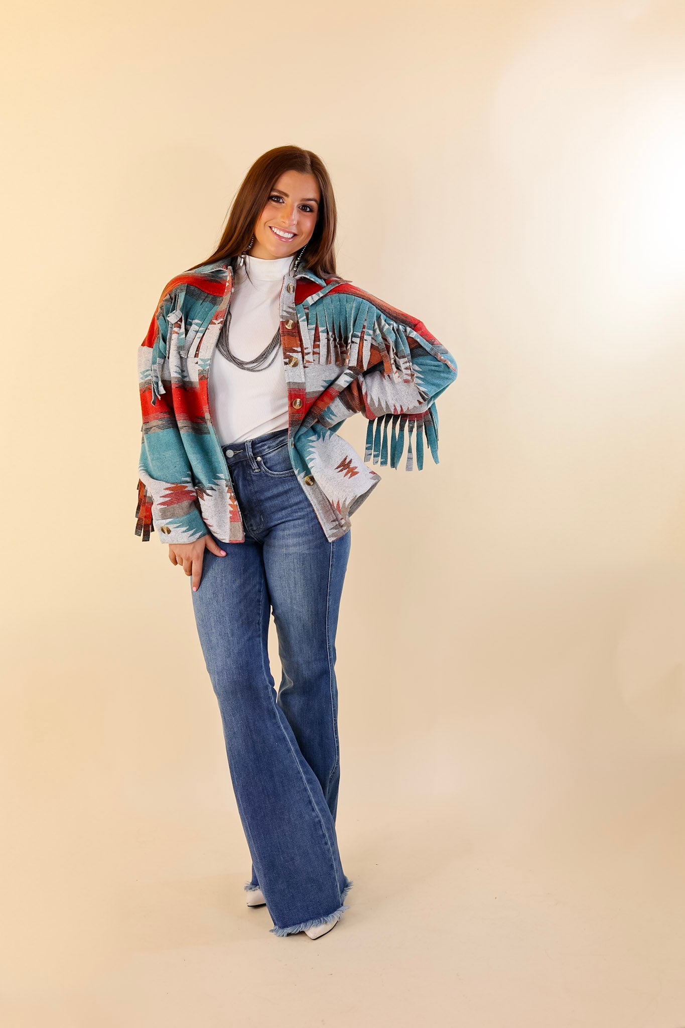 Take Over Aztec Print Button Up Jacket with Fringe in Grey - Giddy Up Glamour Boutique