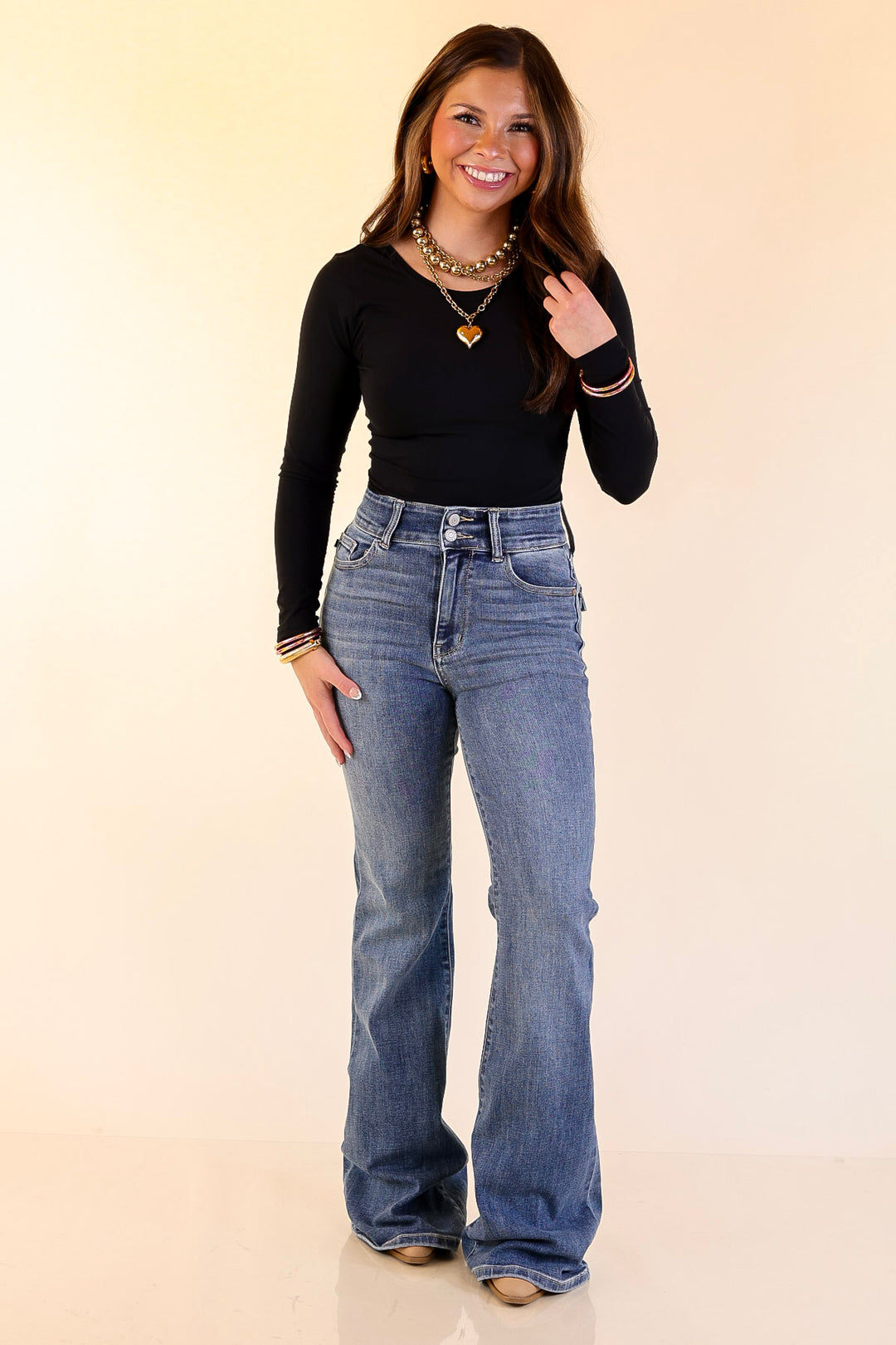 Judy Blue | Made for More Double Button Flare Jean in Medium Wash