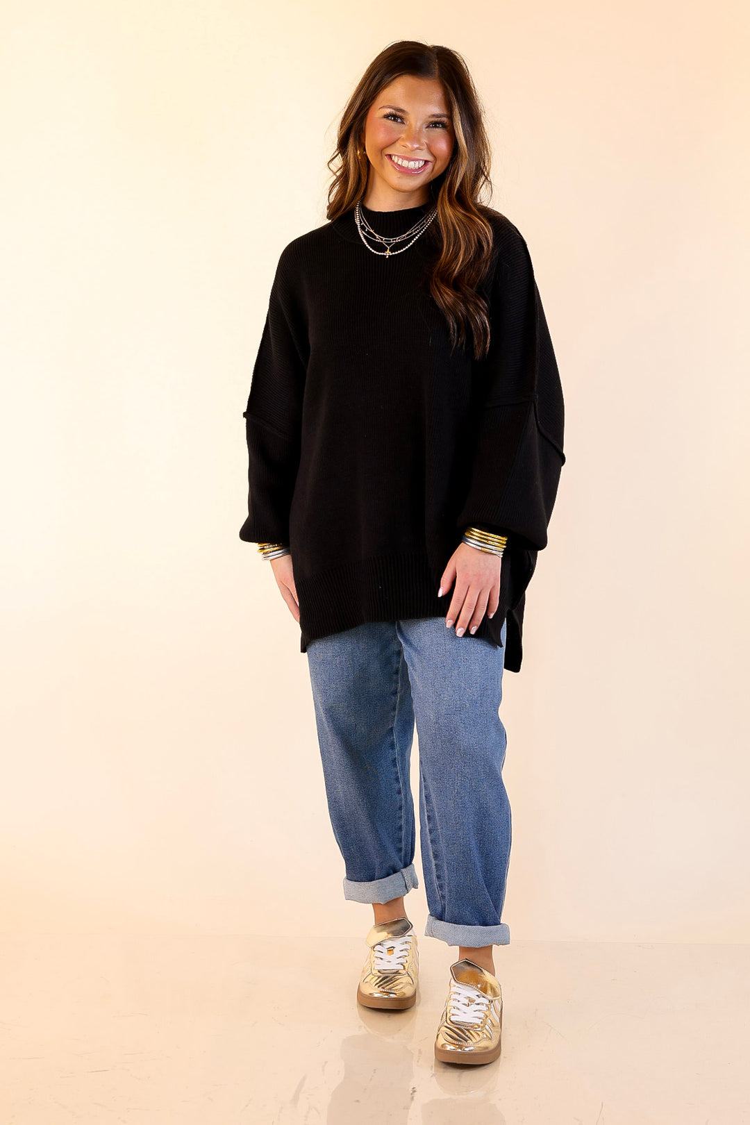 Snug and Stylish Mock Neck Sweater with Side Slit in Black