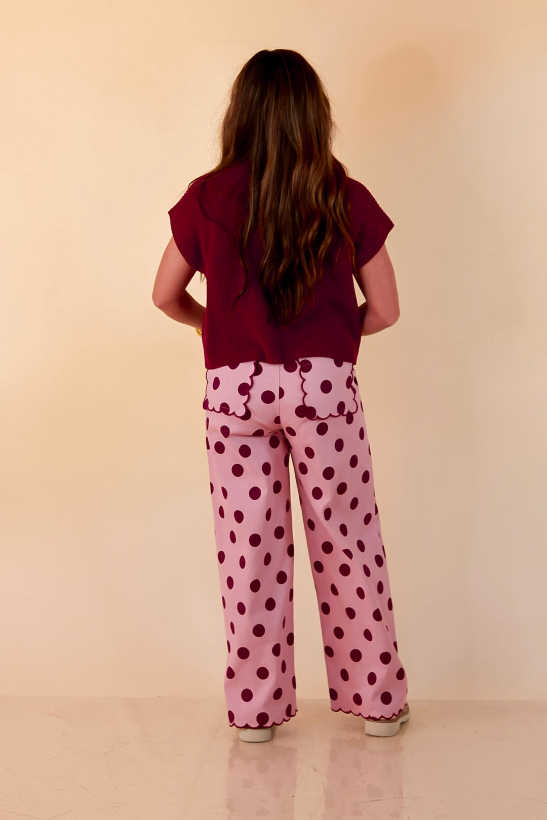 Polished Play Polka Dot Print Wide Leg Denim Pants with Scallop Detailing in Blush Pink and Maroon